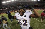 Baltimore linebacker Ray Lewis celebrates a double-overtime victory over Denver that extended his final season. 
