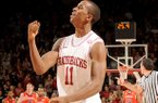 NWA Media/ANTHONY REYES -- Arkansas sophomore BJ Young celebrates in the second half against Auburn on Wednesday, Jan. 16, 2013 in Bud Walton Arena in Fayetteville. The Razorbacks won 88-80 in double overtime.