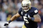 FILE - In this Oct. 20, 2012, file photo, Notre Dame linebacker Manti Te'o chases the action during the second half of an NCAA college football game against BYU in South Bend, Ind. The wrenching story of Te'o's girlfriend dying of leukemia _ a loss he said inspired him to play his best all the way to the BCS championship _ was dismissed by the school Wednesday, Jan. 16, 2013, as a hoax perpetrated against the linebacker. (AP Photo/Michael Conroy, File)