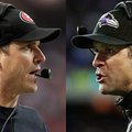 This combo image made of Sunday, Jan. 20, 2013, photos shows San Francisco 49ers head coach Jim Harb...