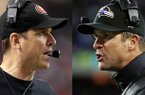 This combo image made of Sunday, Jan. 20, 2013, photos shows San Francisco 49ers head coach Jim Harbaugh, left, in Atlanta, and Baltimore Ravens head coach John Harbaugh in Foxborough, Mass., during their NFL football conference championship games. Get ready for the Brother Bowl_ it'll be Harbaugh vs. Harbaugh when Big Bro John's Baltimore Ravens (13-6) play Little Bro Jim's San Francisco 49ers (13-4-1) in the Super Bowl at New Orleans in two weeks. (AP Photos/Mark Humphrey, Matt Slocum)
