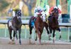 Jockey Jon Court, aboard Will Take Charge (center), crosses the finish line ahead of jockey Paco Lopez, aboard Always in a Tiz (left), and Cliff Berry, aboard Texas Bling, during the Smarty Jones Stakes on Monday afternoon at Oaklawn Park in Hot Springs. 