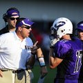 Lonoke head coach Doug Bost gives wide receiver Shane Edwards (17) some words of encouragement durin...