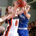 Ashley Ward, left, a Rogers Heritage senior, and Rogers High senior McKinzie James vie for a rebound...