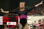 Arkansas' Katherine Grable competes on the floor against Oklahoma Sunday, February 5, 2012 at Barnhill Arena in Fayetteville.