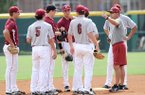 NWA Media/ANDY SHUPE -- Arkansas baseball coach Dave Van Horn speaks to his infield Friday, Sept. 7, 2012, prior to the Razorbacks' first practice of the fall season.