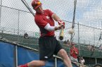 Arkansas Democrat-Gazette/MICHAEL WOODS --06/19/2012-- Arkansas hitter Matt Vinson takes batting practice in Omaha, Neb.