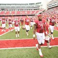 STAFF PHOTO ANDY SHUPE -- Arkansas running back Knile Davis (7) walks off the field after the Razorb...