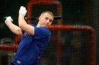 NWA Media/JASON IVESTER -- Brandon Nimmo takes batting practice in the batting cages while training on Wednesday, Jan. 30, 2013, at Baum Stadium in Fayetteville. Nimmo is currently an outfielder in the New York Mets organization.