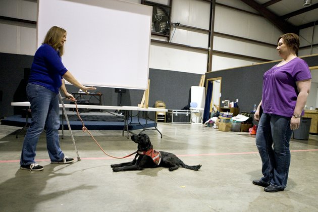 christie-brekken-right-helps-cheri-arnold-teach-molly-a-service-dog-to-stay-during-a-training-session-for-a-veterans-best-friend-arnold-a-desert-storm-veteran-who-served-as-an-air-force-medical-technician-said-molly-has-difficulty-with-stay-because-she-likes-being-right-next-to-arnold