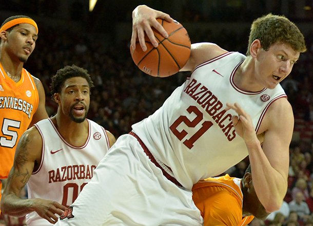 nwa-mediamichael-woods-02022013-arkansas-forward-hunter-mickelson-pulls-in-a-rebound-during-the-first-half-of-saturday-afternoons-game-against-tennessee-at-bud-walton-arena-in-fayetteville