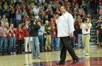 NWA Media/MICHAEL WOODS --02/02/2013-- University of Arkansas football coach Bret Bielema addresses the Razorbacks basketball fans during a time out in the first half of Saturday afternoon's game against Tennessee at Bud Walton Arena in Fayetteville.