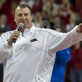 Arkansas head football coach Bret Bielema speaks during a time out in the first half of a NCAA colle...