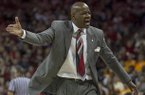 Arkansas' head coach Mike Anderson disputes a call during the second half an NCAA college basketball game against Tennessee in Fayetteville, Ark., Saturday, Feb. 2, 2013. Arkansas defeated Tennessee 73-60. (AP Photo/Gareth Patterson)