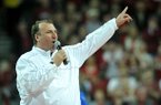 NWA Media/MICHAEL WOODS --02/02/2013-- University of Arkansas football coach Bret Bielema addresses the Razorbacks basketball fans during a time out in the first half of Saturday afternoon's game against the Tennessee Volunteers at Bud Walton Arena in Fayetteville.