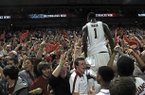 NWA MEDIA/SAMANTHA BAKER -- Arkansas' Mardracus Wade climbs into the stands after the Razorbacks beat No. 2 Florida Tuesday, Feb. 5, 2013, at Bud Walton Arena in Fayetteville. Arkansas upset the Gators, 80-69.