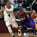 LSU guard Anthony Hickey (1) pushes past Mississippi State guard Trivante Bloodman (4) during the se...