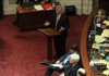 Gov. Mike Beebe speaks to members of the Arkansas Senate at the Capitol in Little Rock on Monday, urging them to support a $1.1 billion steel plant project in Mississippi County. Lawmakers will need to approve $125 million in bonds to help finance the project. 