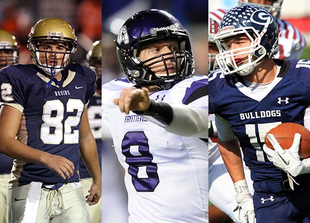 pulaski-academy-tight-end-hunter-henry-left-fayetteville-quarterback-austin-allen-center-and-greenwood-receiver-drew-morgan-right-all-signed-with-the-university-of-arkansas-on-wednesday
