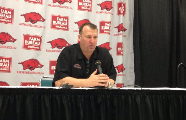 arkansas-coach-bret-bielema-speaks-at-his-thursday-evening-press-conference-to-discuss-the-razorbacks-2013-recruiting-class