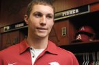 Arkansas redshirt sophomore Eric Fisher talks to the media Friday, Feb. 8, 2013 at Baum Stadium in Fayetteville. Fisher will likely start at first base Friday when the No. 1 Razorbacks host Western Illinois.