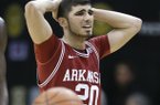 Arkansas guard Kikko Haydar walks down the court after Arkansas was called for a foul late in the second half of an NCAA college basketball game Saturday, Feb. 9, 2013, in Nashville, Tenn. Vanderbilt won 67-49. (AP Photo/Mark Humphrey)