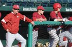 Arkansas head coach Dave Van Horn watches his team during a scrimmage Friday, Feb. 8, 2013 at Baum Stadium in Fayetteville.