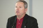 Arkansas baseball coach Dave Van Horn speaks at the Downtown Tipoff Club in North Little Rock on Monday.