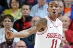 BJ Young reacts during the second half of Arkansas' win over Florida on Feb. 5.