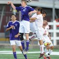 Ryan Starr, top, Fayetteville senior forward, heads the ball after a corner kick during a match last...