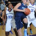 Tayleah Neal, center, of Springdale Har-Ber High School pushes past Alexa Howard, left, and Vanessa ...