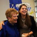 Billie Sue Hankins, left, Rogers High School secretary, and student Meredith Breach talk Wednesday d...