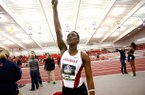 Arkansas' Makeba Alcide celebrates after winning the pentathlon on Friday, Feb. 22, 2013, during the SEC Indoort Championships at the Randal Tyson Track Center in Fayetteville.