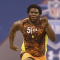 Arkansas offensive lineman Alvin Bailey goes through a drill during the NFL Combine in Indianapolis ...