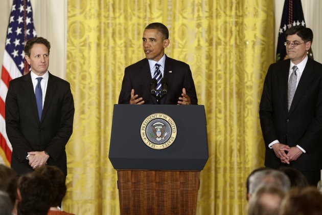 file-in-this-thursday-jan-10-2013-file-photo-president-barack-obama-flanked-by-outgoing-treasury-secretary-timothy-geithner-left-and-white-house-chief-of-staff-jack-lew-speaks-in-the-east-room-of-the-white-house-in-washington