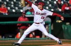 Arkansas pitcher Colin Poche fires a pitch during the first game of Tuesday afternoon's doubleheader against New Orleans at Baum Stadium in Fayetteville.