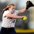 Dasha Donahoe, Rogers Heritage’s starting pitcher, delivers a pitch during the Lady War Eagles’ game...