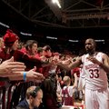Arkansas junior Marshawn Powell (33) celebrates with fans after defeating Georgia Thursday, Feb. 21,...