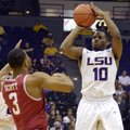 LSU's Andre Stringer (10) shoots a 3-pointer against Arkansas' Rickey Scott (3) during their NCAA co...
