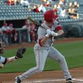 Arkansas outfielder Matt Vinson watches a called strike three in the second inning of the Razorbacks...