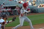 Arkansas outfielder Matt Vinson watches a called strike three in the second inning of the Razorbacks' 3-2 loss to Arizona State on Thursday at Surprise Stadium.