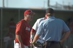 Arkansas coach Dave Van Horn argues a call with the home plate umpire during the second inning of Friday's 3-0 loss to Gonzaga in Surprise, Ariz.