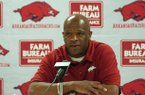 Arkansas coach Mike Anderson speaks during a press conference Monday afternoon in Fayetteville. Anderson, who coached five seasons at Missouri, will coach his first game in Columbia, Mo. Tuesday night as the Razorbacks' head coach.