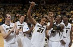 Missouri's Laurence Bowers, center, gets some love from teammates before he delivers a speech to the crowd at Mizzou Arena after they defeated Arkansas in an NCAA college basketball game Tuesday, March 5, 2013, in Columbia, Mo. Missouri won the game 93-63. It was Bowers final home game as a Tiger. (AP Photo/L.G. Patterson)