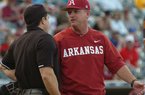 Arkansas coach Dave Van Horn argues a call with the home plate umpire during the Razorbacks' 3-1 loss to Arizona State on Saturday in Surprise, Ariz. 
