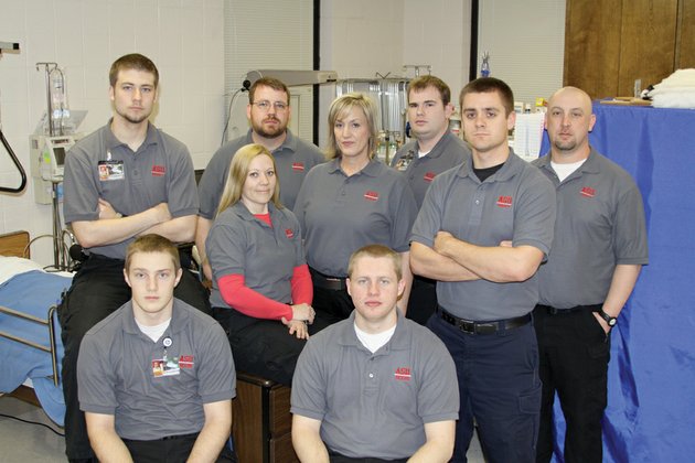 students-in-the-emt-paramedic-program-at-arkansas-state-university-searcy-are-front-row-from-the-left-troupe-bryant-and-colin-schorgl-middle-row-from-the-left-tabitha-hendrickson-deb-wilson-and-joe-potts-and-back-row-from-the-left-kyle-myers-charles-simmons-justin-allen-and-bryan-stallings