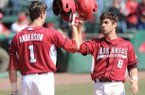 Arkansas center fielder Tyler Spoon (8) is congratulated at the plate by right fielder Brian Anderson after Spoon's solo home run Saturday, March 9, 2013, during the fifth inning of play at Baum Stadium.
