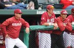 Arkansas coach Dave Van Horn watches from the dugout Saturday, March 9, 2013, during the sixth inning of the Razorbacks' win over San Diego State at Baum Stadium. The win is Van Horn's 1,000th as a collegiate coach.