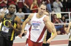 Arkansas senior Anton Kokorin, center, leads the field in his section final of the 400 meters during the NCAA Indoor Track and Field Championships at the Randal Tyson Track Center in Fayetteville.