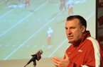 Arkansas head football coach Bret Bielema talks about the 22 players who committed to the Razorbacks as he conducts a press conference in Fayetteville to talk about the new Razorback players.